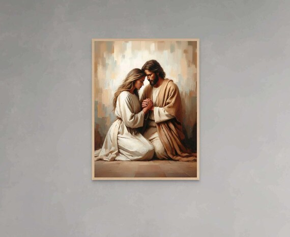 Jesus Kneeling with Woman in Prayer Holding Hands Art Poster