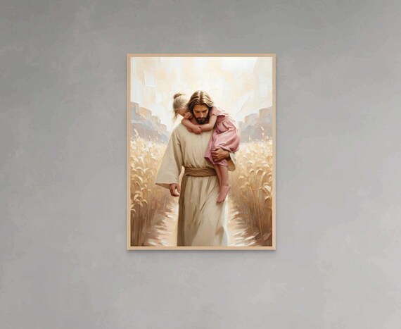 Jesus Carrying Little Girl on Shoulders Through Wheat Field Poster