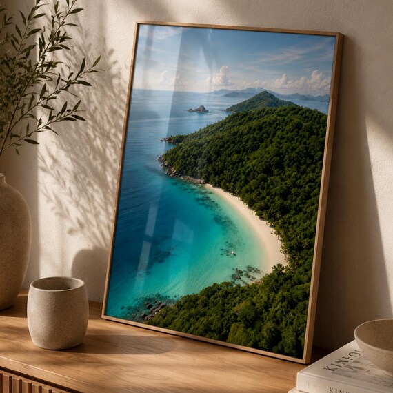Aerial Tropical Island Turquoise Cove White Sand Beach Art Poster