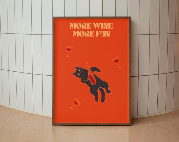 Black Cat Wall Art Print Cin Wine Alcohol Kitchen Decor Poster Bar Cart Funny Cute