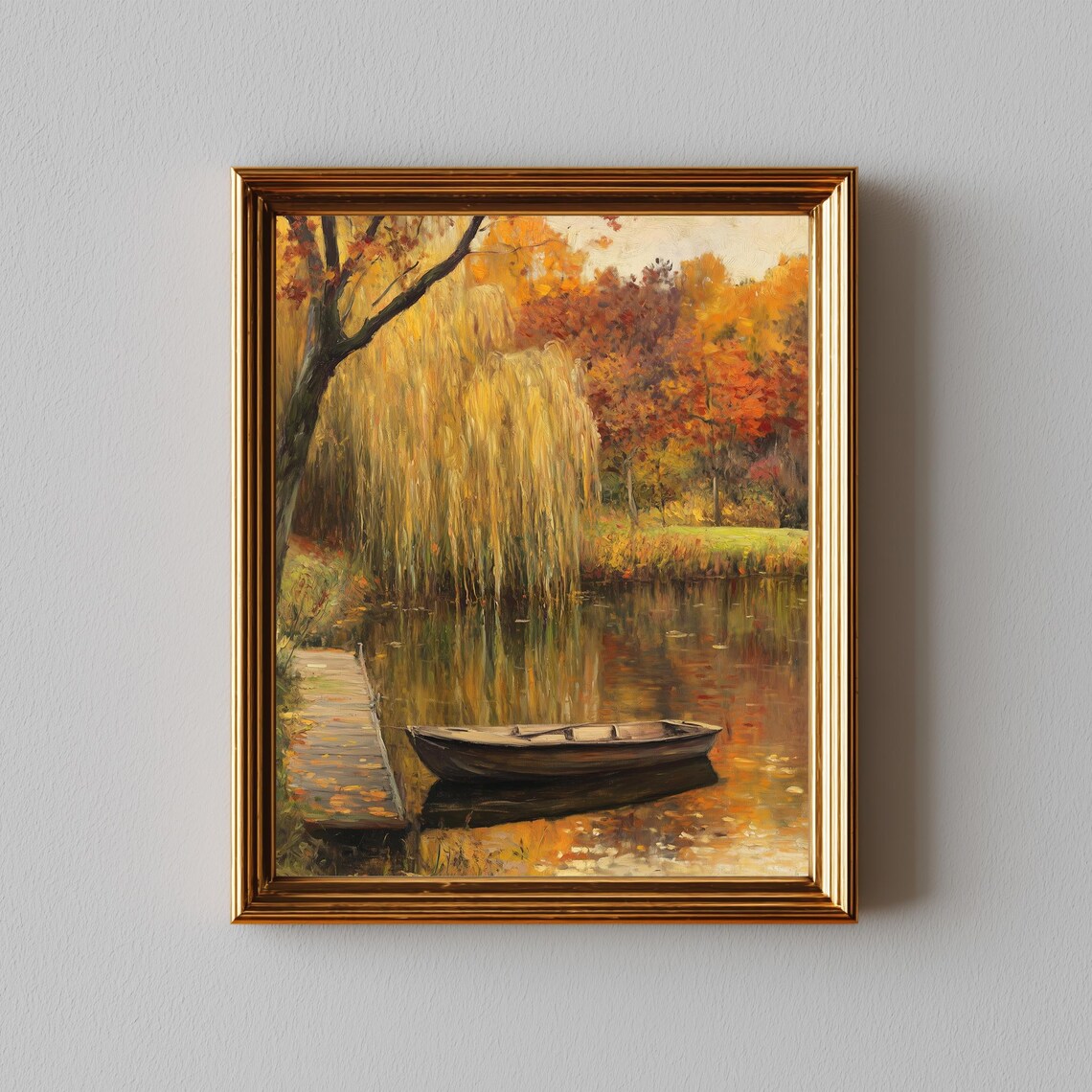Autumn Pond With Rowboat, Rustic Vintage Landscape Art