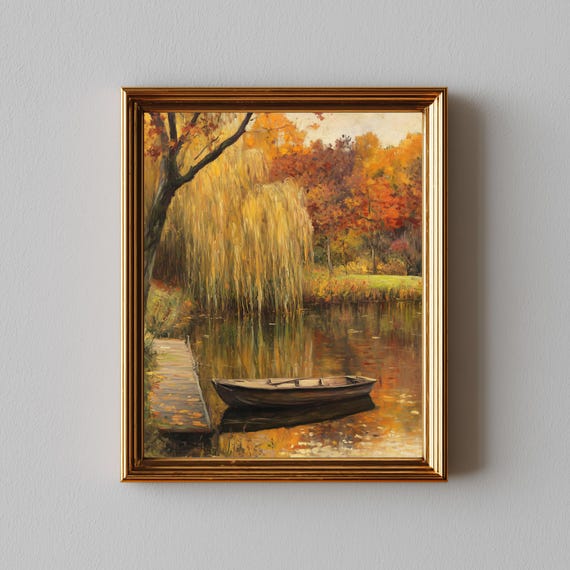 Autumn Pond With Rowboat, Rustic Vintage Landscape Art