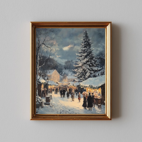 Vintage Christmas Market Street Snowy Night Oil Painting Poster