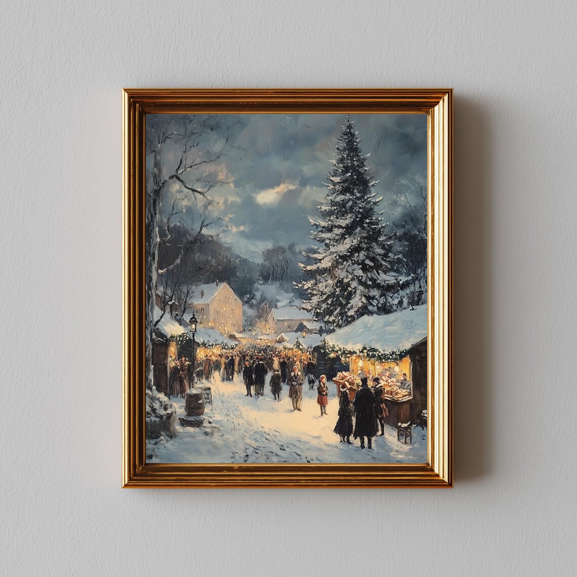 Vintage Christmas Market Street Snowy Night Oil Painting Poster