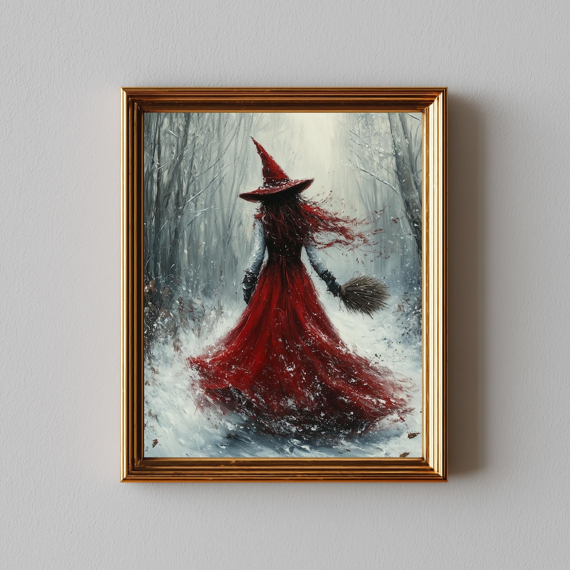 Witch in Flowing Red Dress Walking Through Snowy Forest Magic Winter Poster
