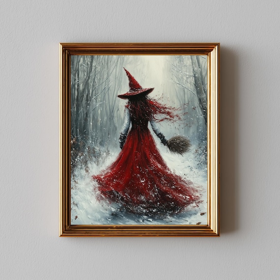 Witch in Flowing Red Dress Walking Through Snowy Forest Magic Winter Poster