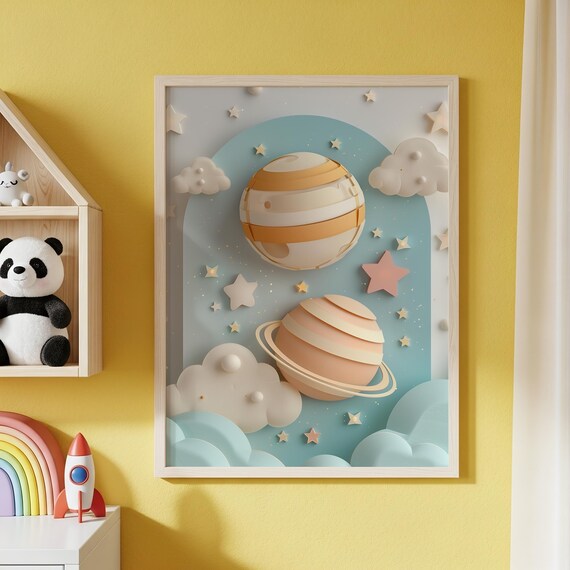 Space Themed Nursery Wall Art Minimalist Celestial Papercut Style Layered Planets Dreamy Cloud Design Decor Kids Room 245