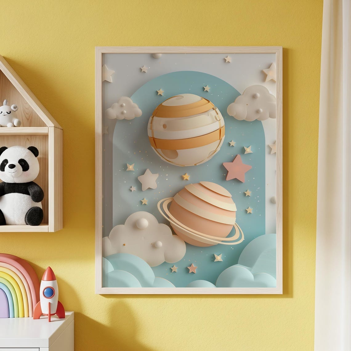 Space Themed Nursery Wall Art Minimalist Celestial Papercut Style Layered Planets Dreamy Cloud Design Decor Kids Room 245