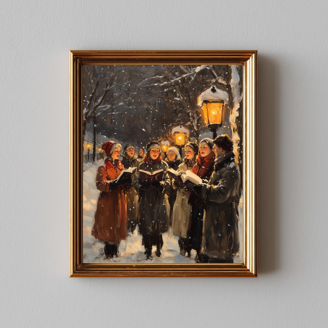 Christmas Carolers Singing in Snowy Village Street Painting Poster