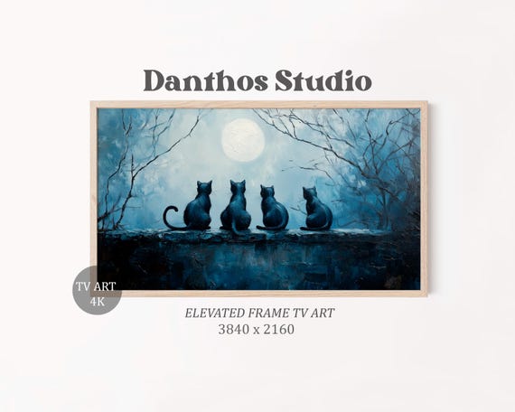 Gothic Black Cats Frame Tv Art Moody Night Scene With Full Moon Autumn Decor Painterly Style Wall 11