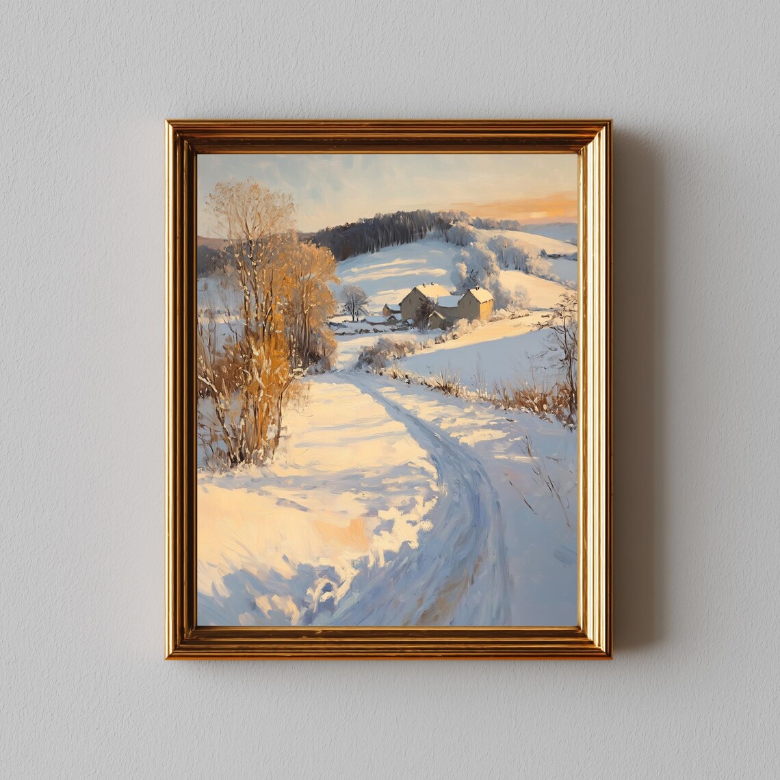 Golden Hour Snowy Winter Countryside Road Oil Painting Poster