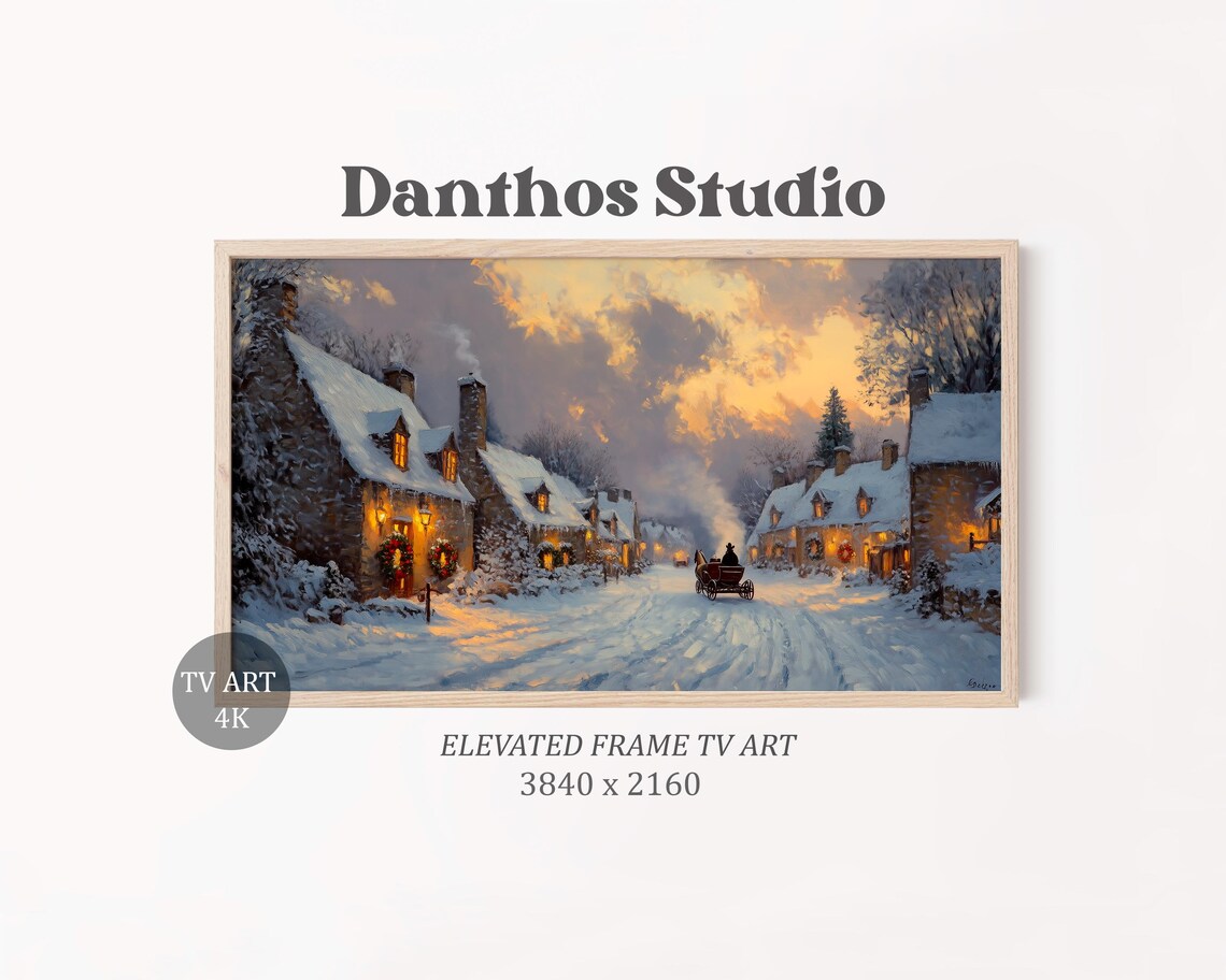 Snowy Village Lane Horse Sleigh Winter Evening Cozy Cottage Art Poster