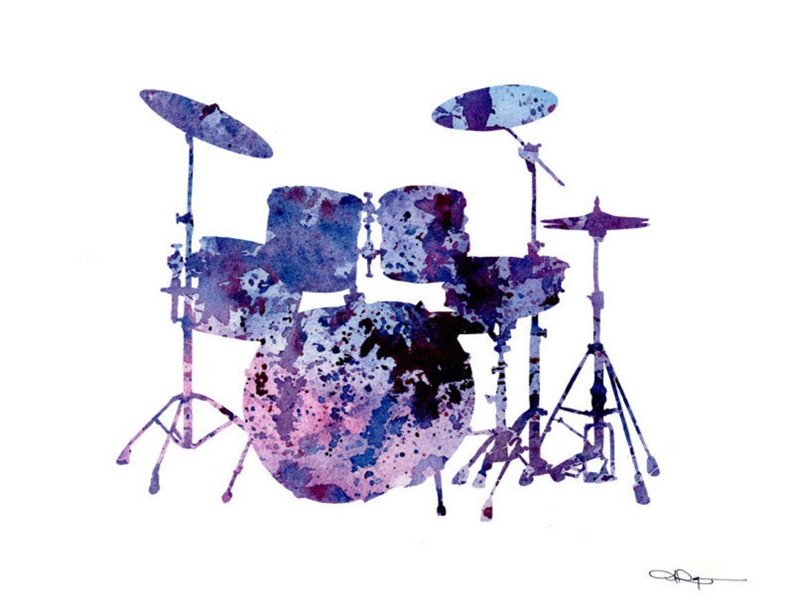 Purple and Blue Watercolor Drum Kit Music Room Decor Art Print - Image 2