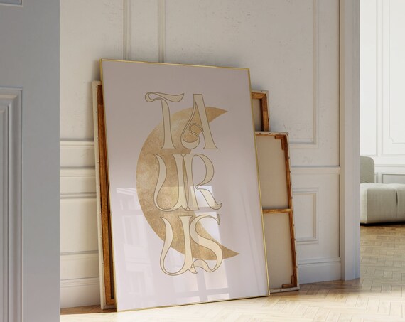 Taurus Gold Crescent Moon Art Nouveau Blush Pink Zodiac Typography Poster