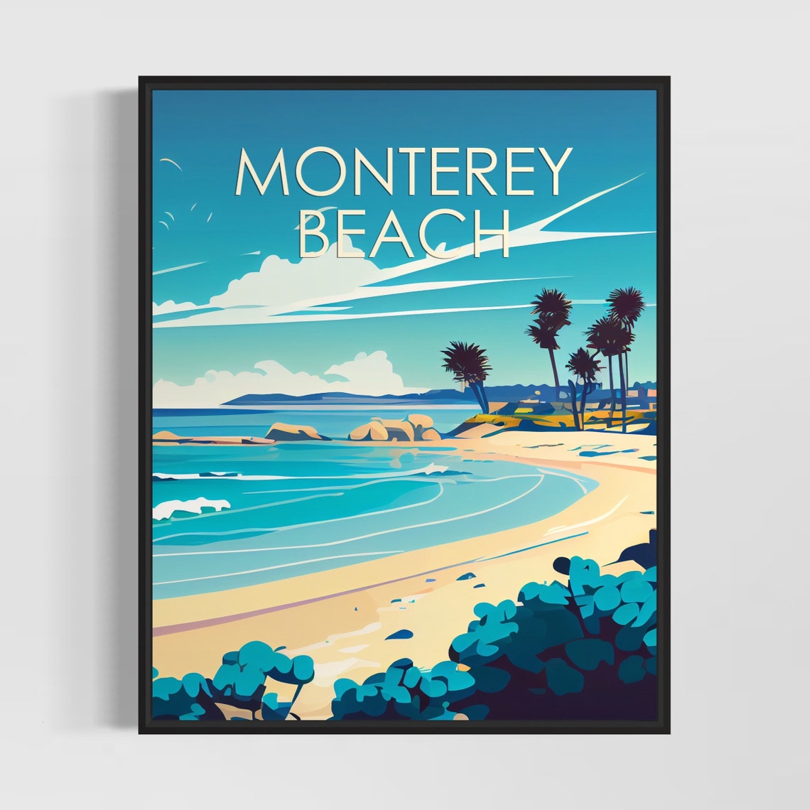Monterey Beach California Sunny Coastal Illustration Travel Poster