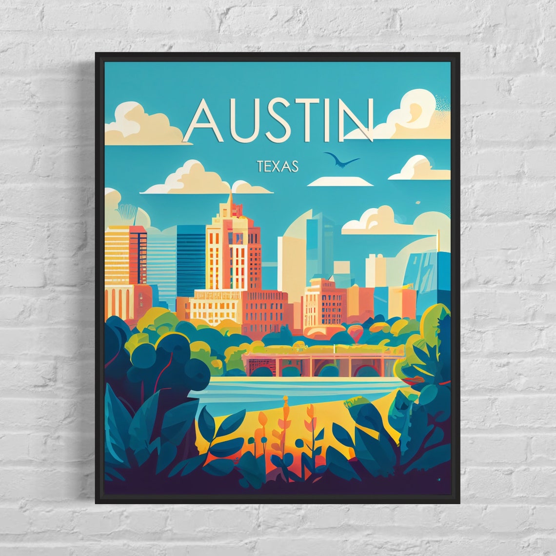 Austin Texas Skyline River Green Hills Colorful Retro Poster