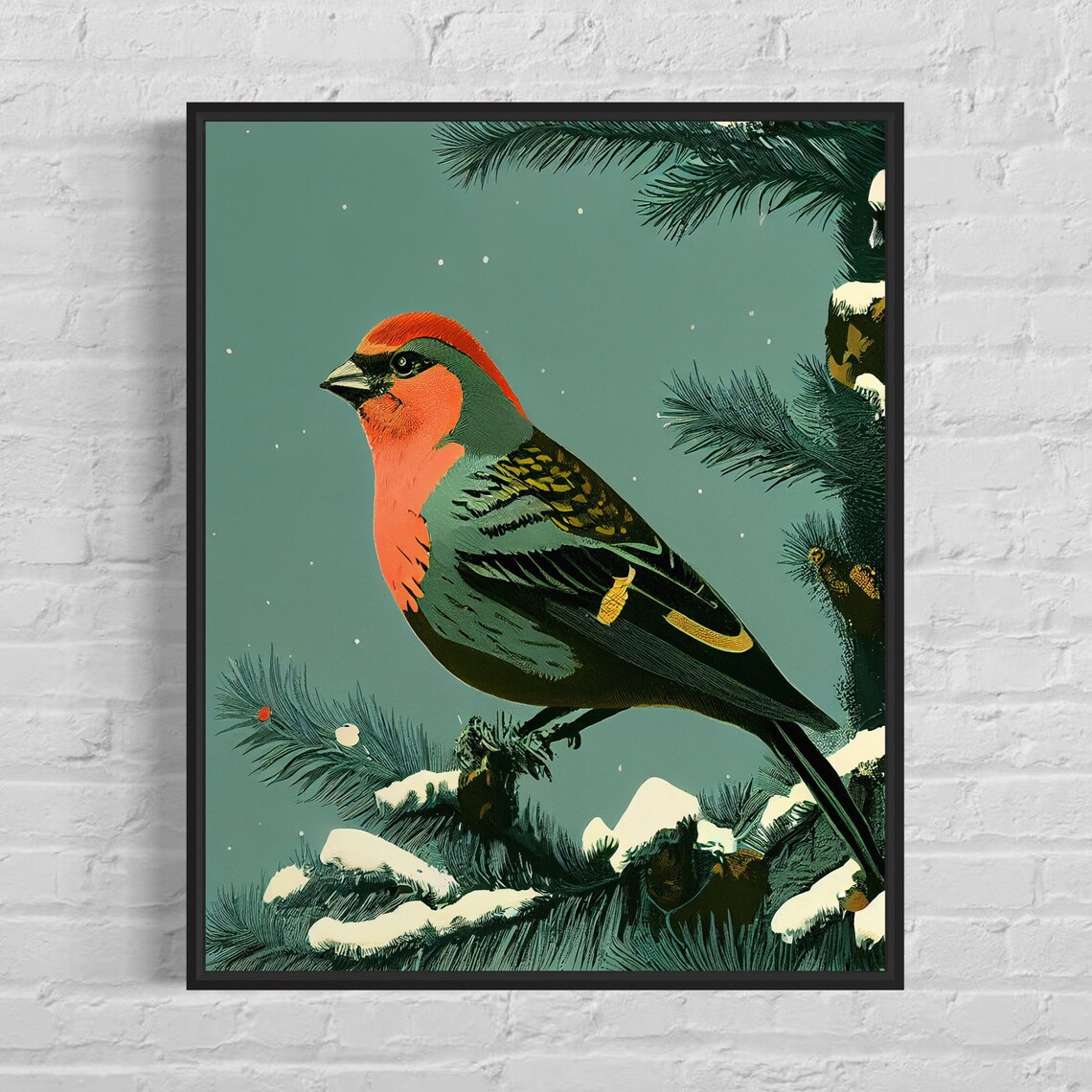 Crossbill Winter Bird On Snowy Pine Vintage Nature Art Poster