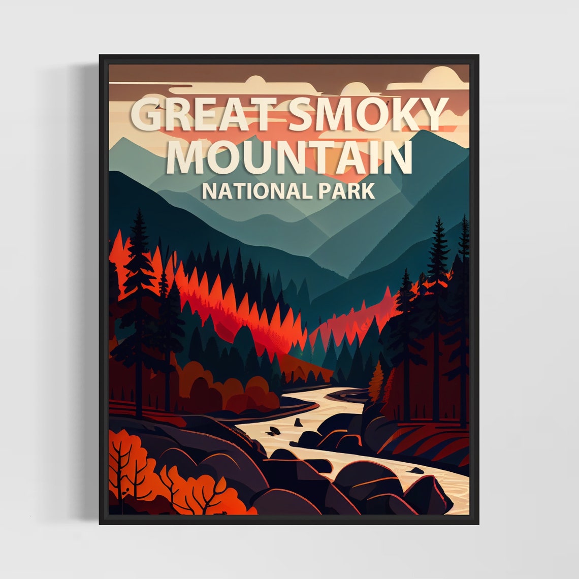 Great Smoky Mountain Autumn River Sunset National Park Poster