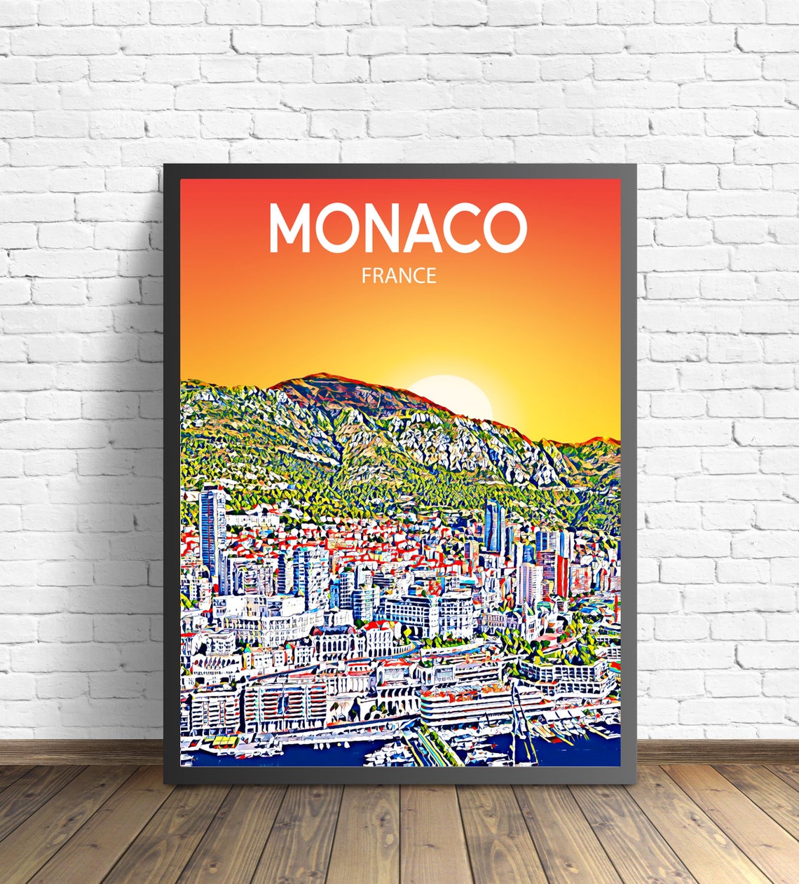 Monaco Harbor Skyscrapers Mountain Sunset Riviera Skyline Poster