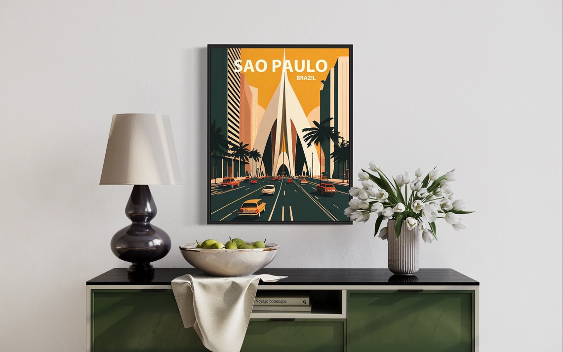 Sao Paulo Brazil Retro Cable Stayed Bridge Evening Traffic Poster - Image 2
