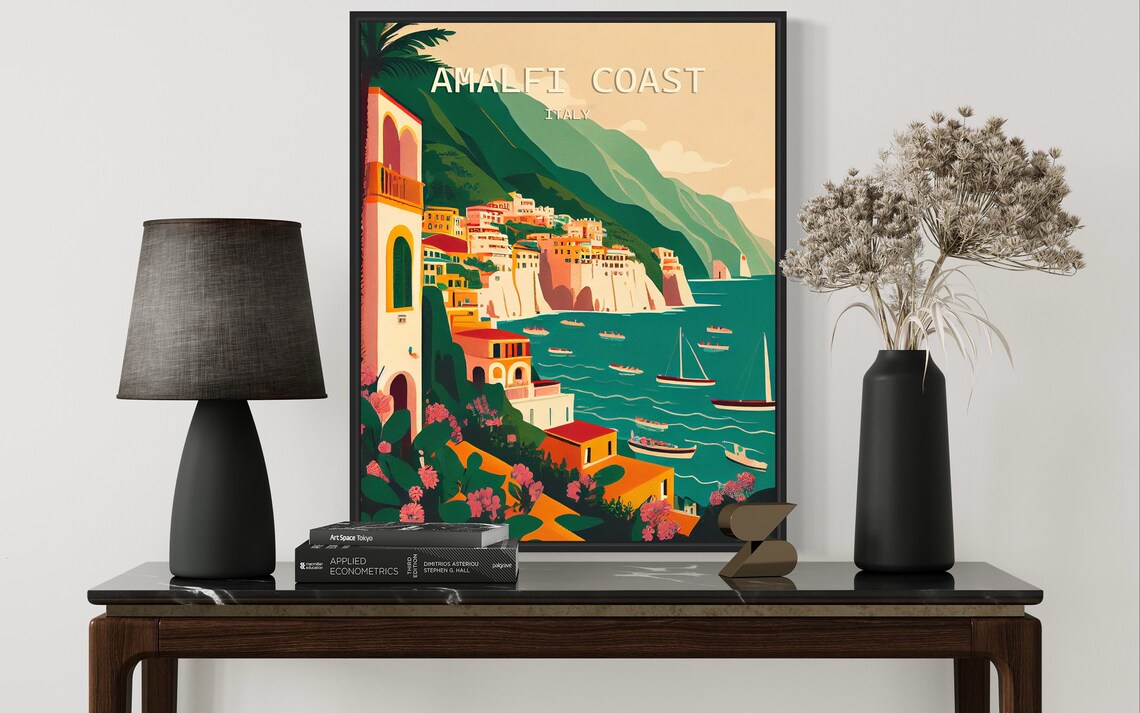 Amalfi Coast Italy Cliffside Village Boats Retro Travel Poster - Image 2