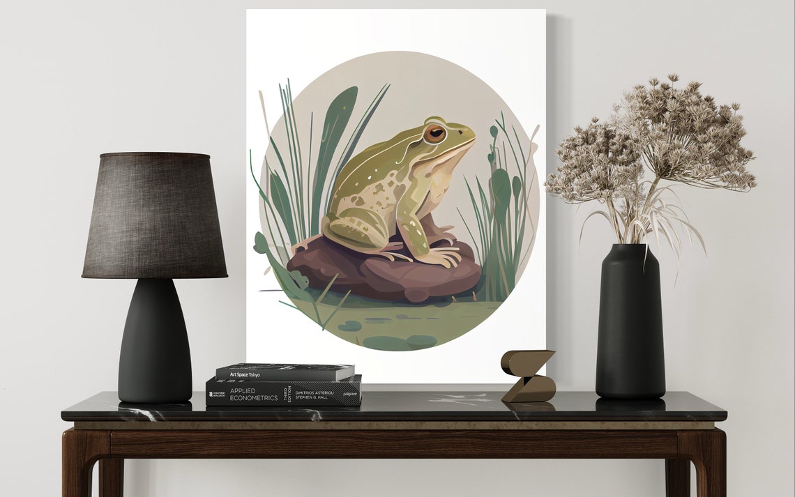 Green Frog Pond Minimalist Botanical Pond Illustration Art Print - Image 2