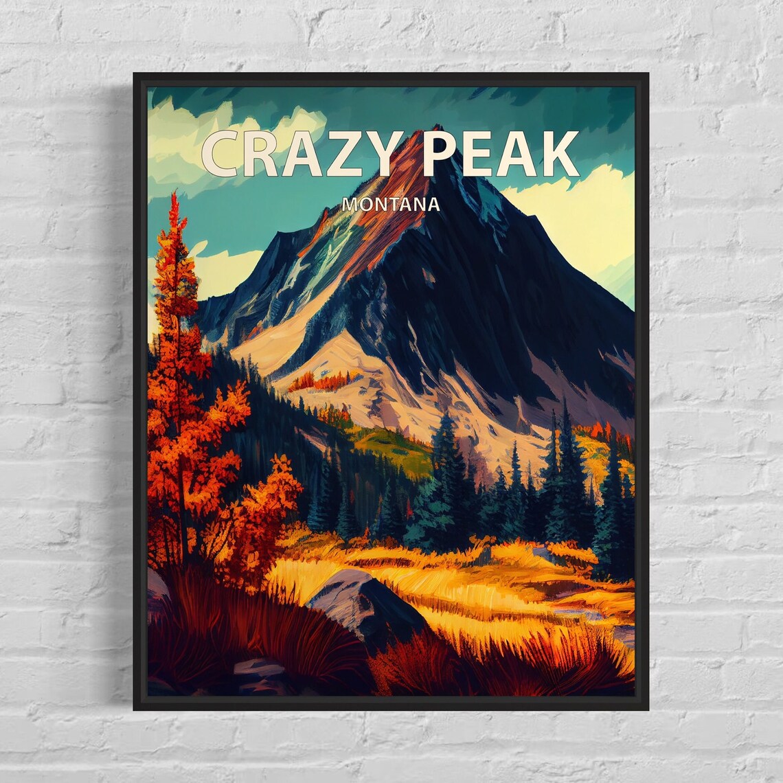 Crazy Peak Montana Retro Mountain Peak Autumn Wilderness Poster