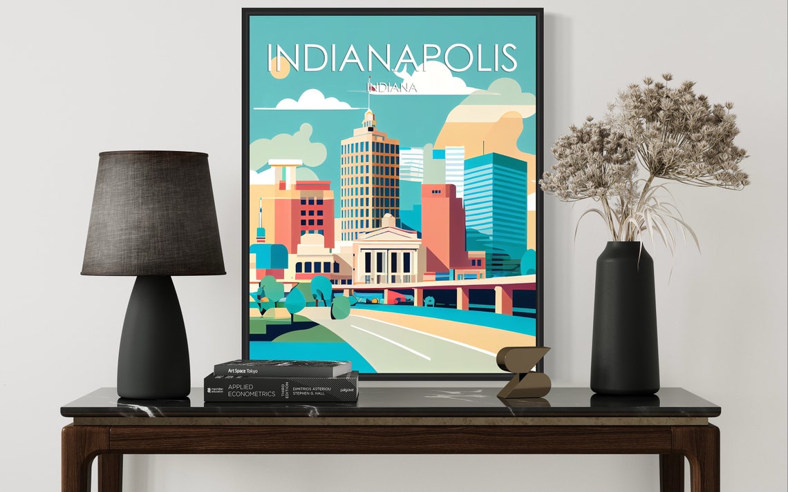 Indianapolis Indiana Retro Skyline Poster with Sunny Downtown - Image 3