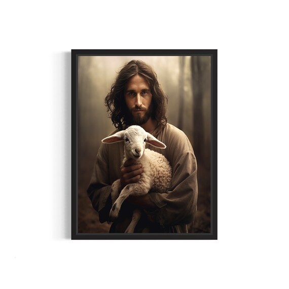 Jesus the Good Shepherd Cradling a Lamb in Misty Forest Poster