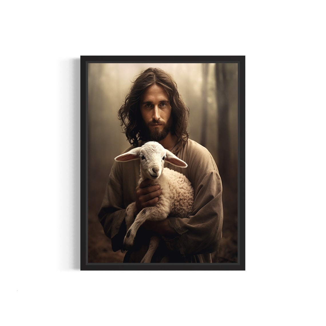 Jesus the Good Shepherd Cradling a Lamb in Misty Forest Poster