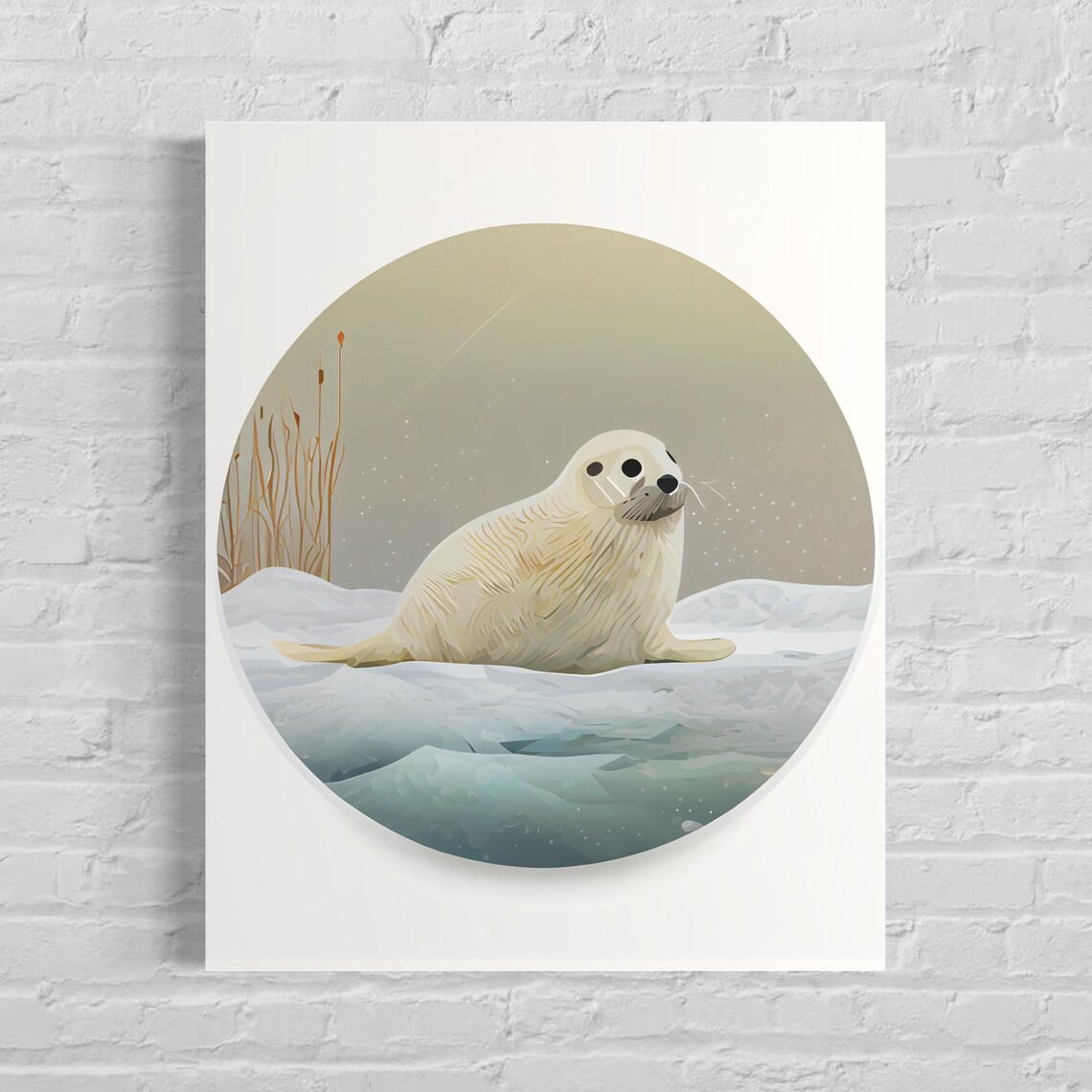 Fluffy Harp Seal Pup on an Ice Floe Arctic Wildlife Art Poster