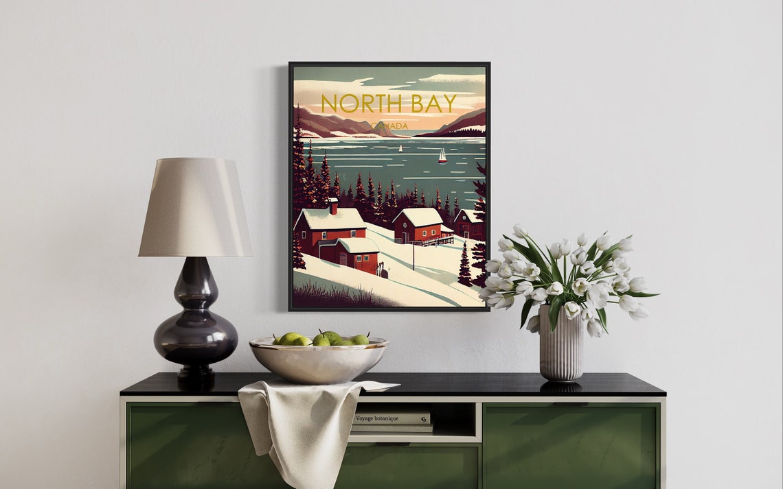 North Bay Canada Winter Snow Cabins Lakeside Sailboats Poster - Image 2