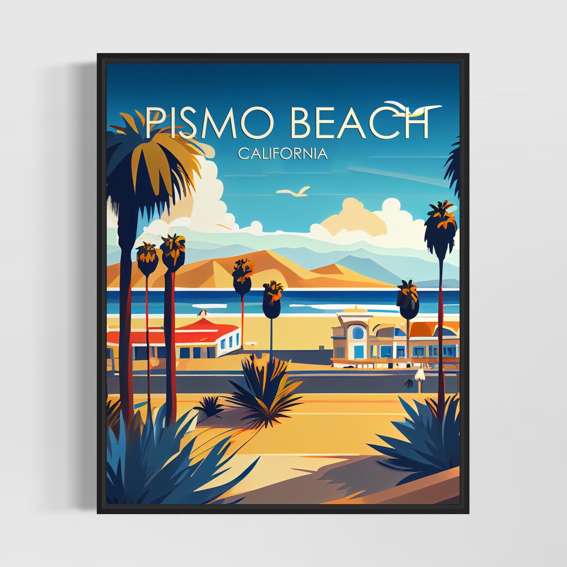 Pismo Beach California Poster with Palms and Sunny Oceanfront