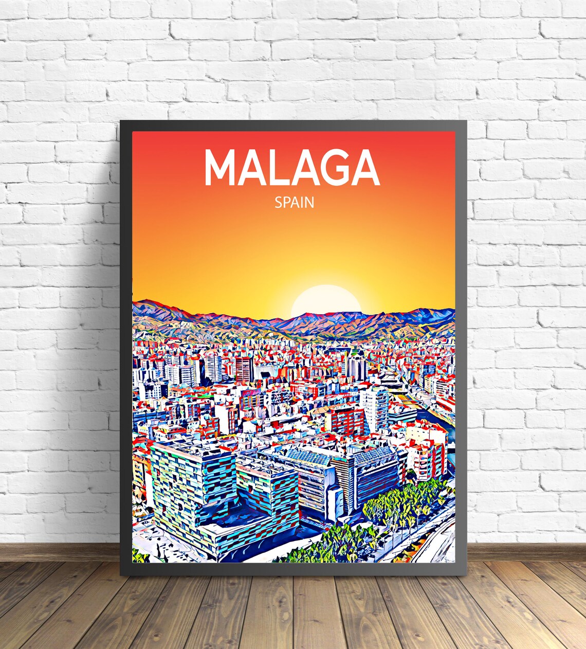 Malaga Spain Fiery Orange Sunset Aerial City Mountains Art Poster