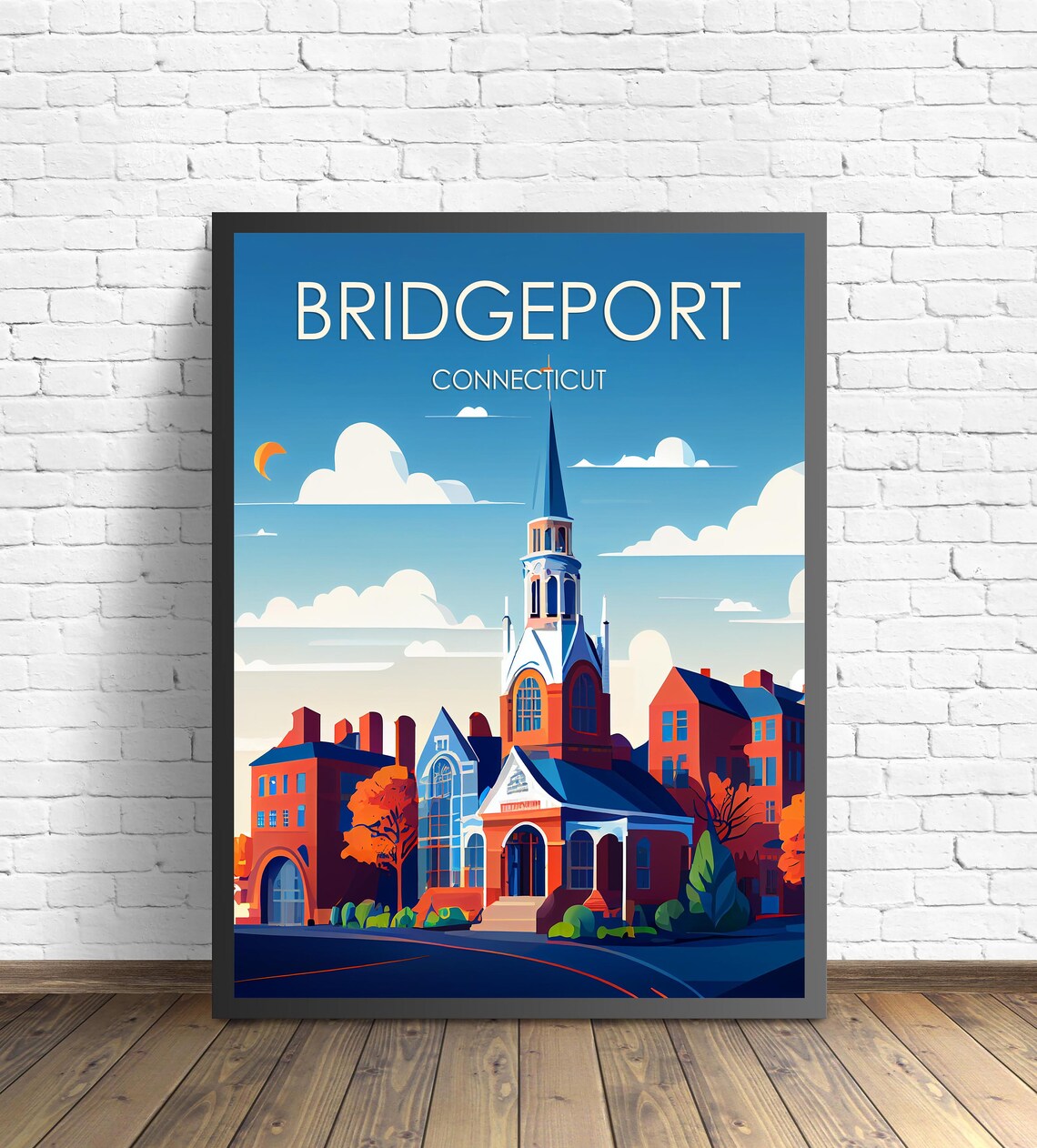 Bridgeport Connecticut Church Spire Historic Town Travel Poster