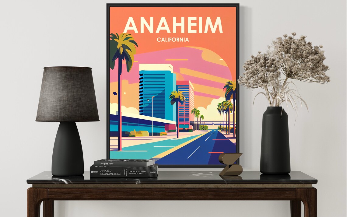 Anaheim California Downtown Towers with Palm Trees Retro Travel Poster - Image 3