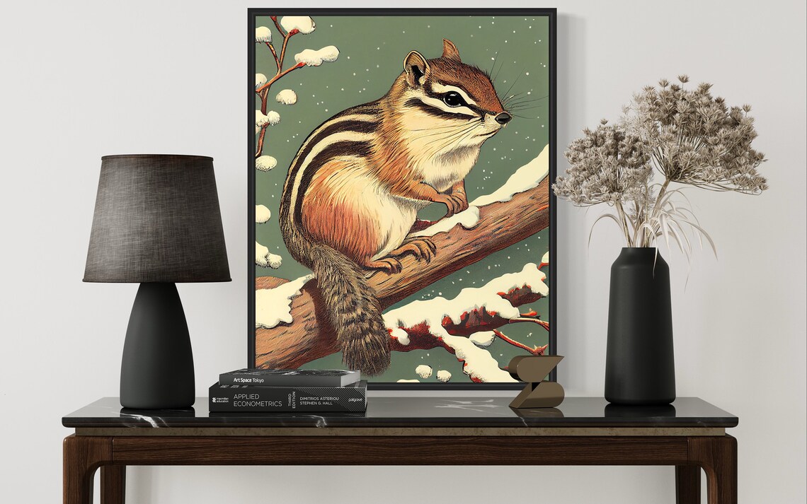 Chipmunk on Snowy Branch Winter Vintage Nature Animal Poster - Image 2