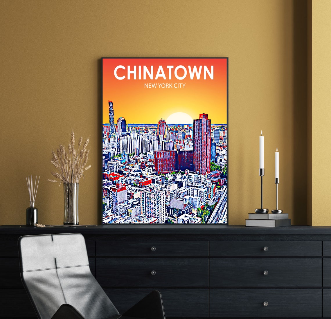 Chinatown New York City Sunset Downtown Colorful Skyline Poster - Image 2