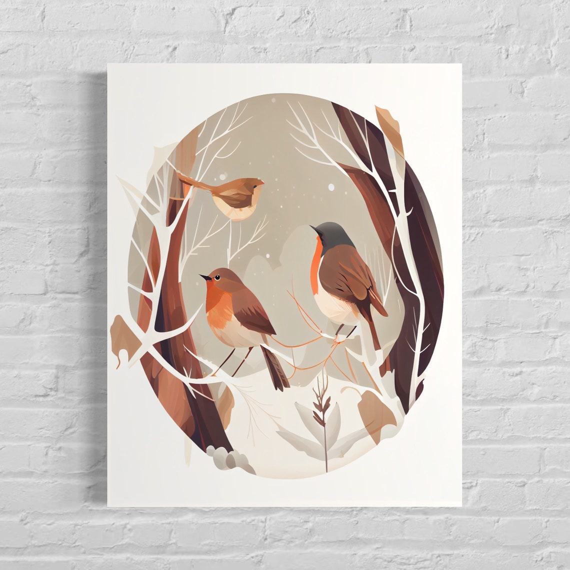 Three Robins Perched in Snowy Winter Branches Circle Art Poster
