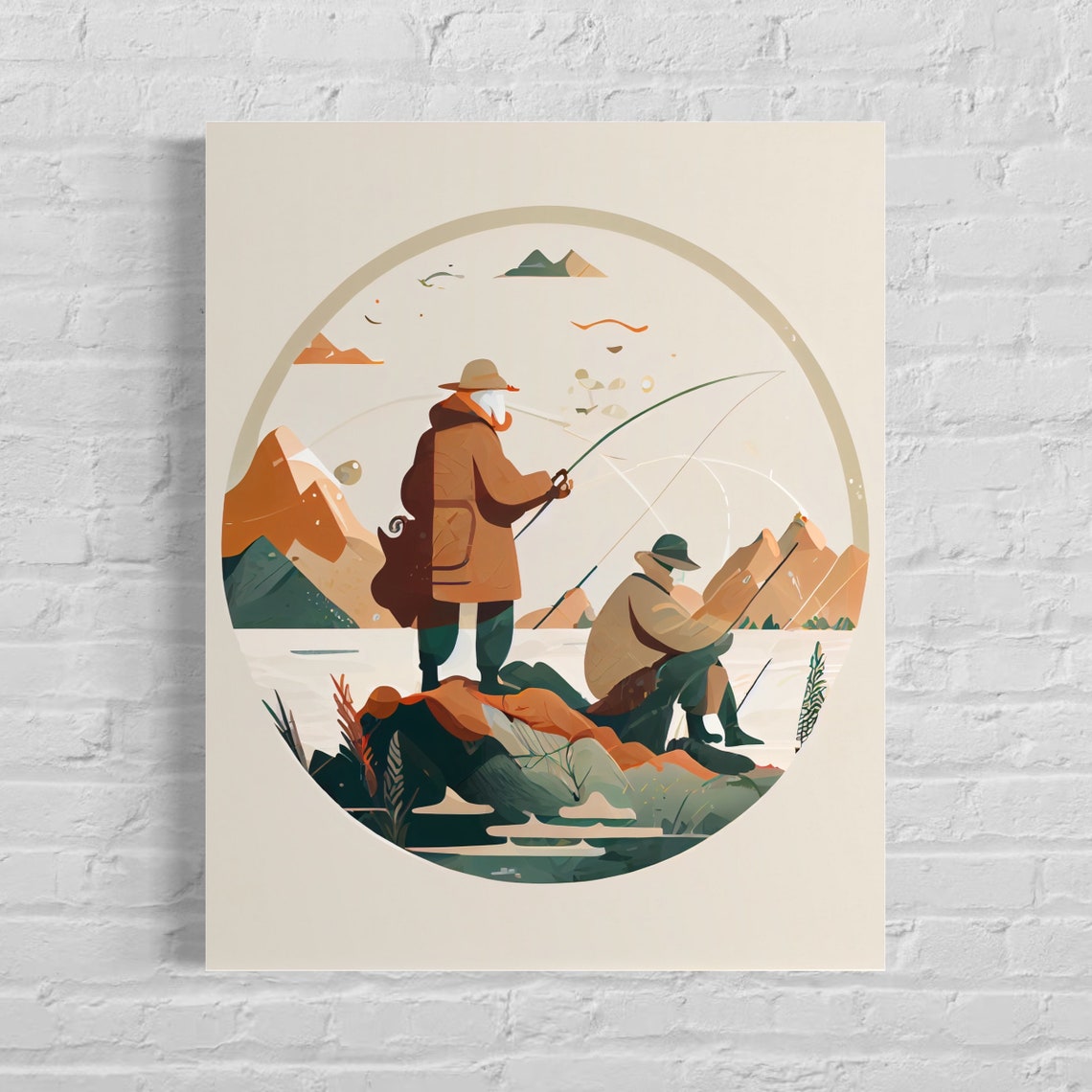 Two Fly Fishermen Mountain River Circular Art Illustration Poster
