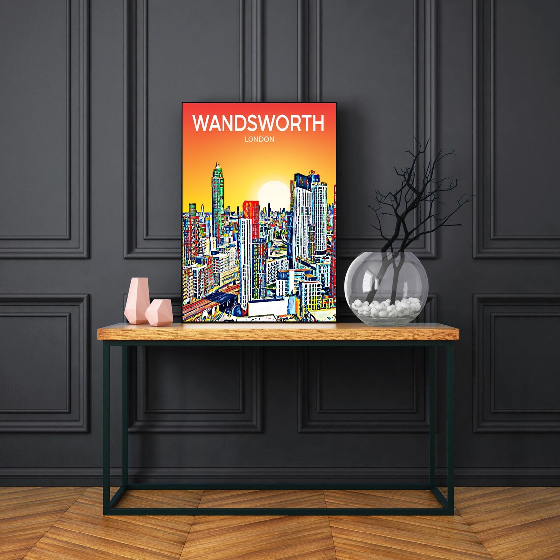 Wandsworth London Colorful Pop Art Skyline Sunset Travel Poster - Image 3
