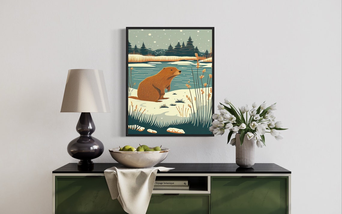 Beaver Wildlife Poster with Snowy Riverside and Tall Pine Forest - Image 2