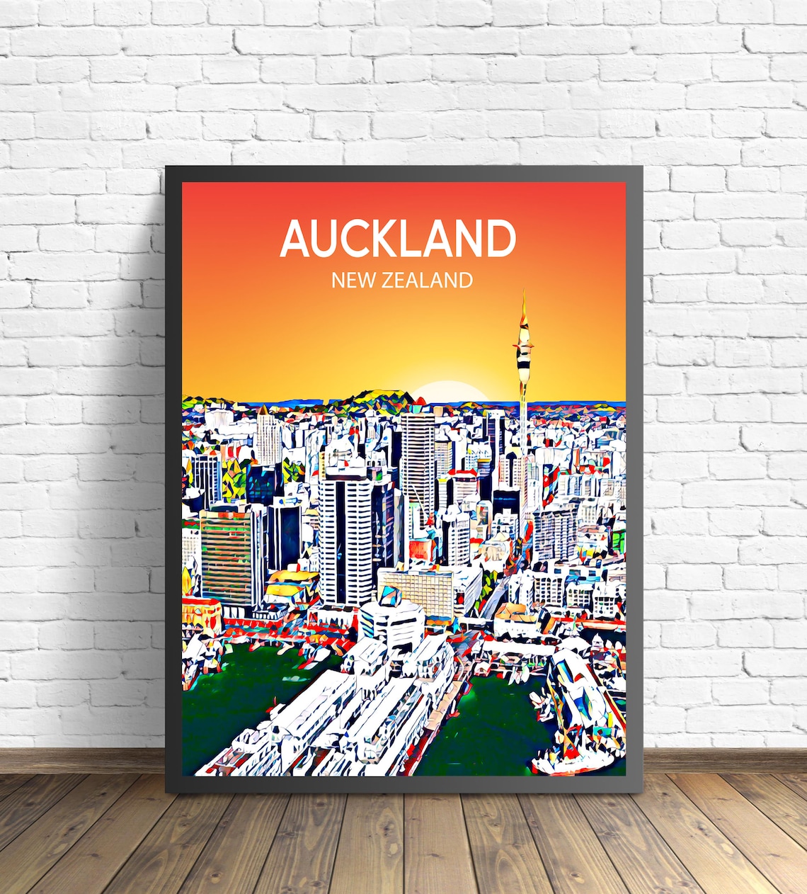 Auckland New Zealand Sunset Skyline Sky Tower Travel Poster Art