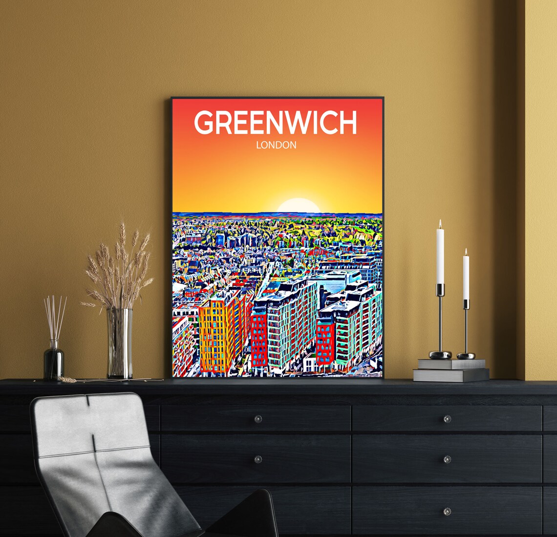 Greenwich London United Kingdom Sunset Skyline Cityscape Art Poster - Image 2