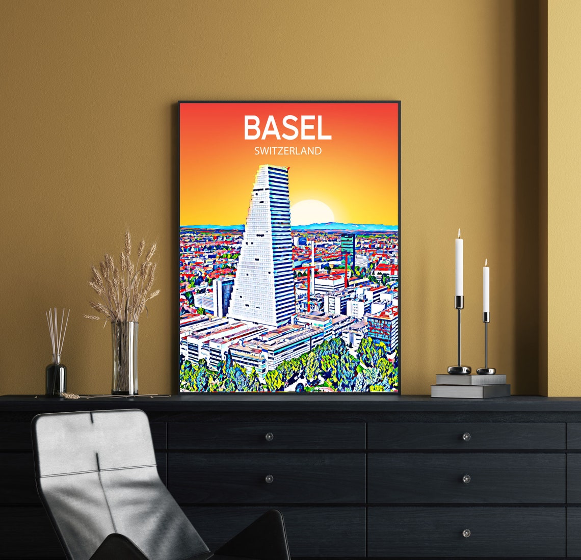 Basel Switzerland Sunset Skyline Roche Tower Travel Poster Art - Image 2