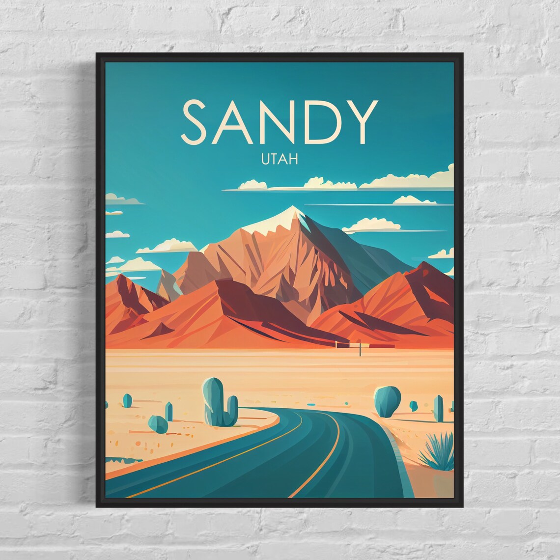 Sandy Utah Desert Highway Red Rock Cactus Vintage Scene Poster