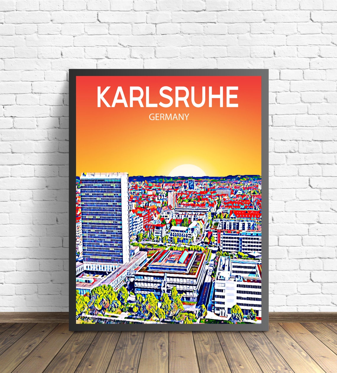 Colorful Karlsruhe Germany Sunset Skyline Modern Tower Sketch Poster