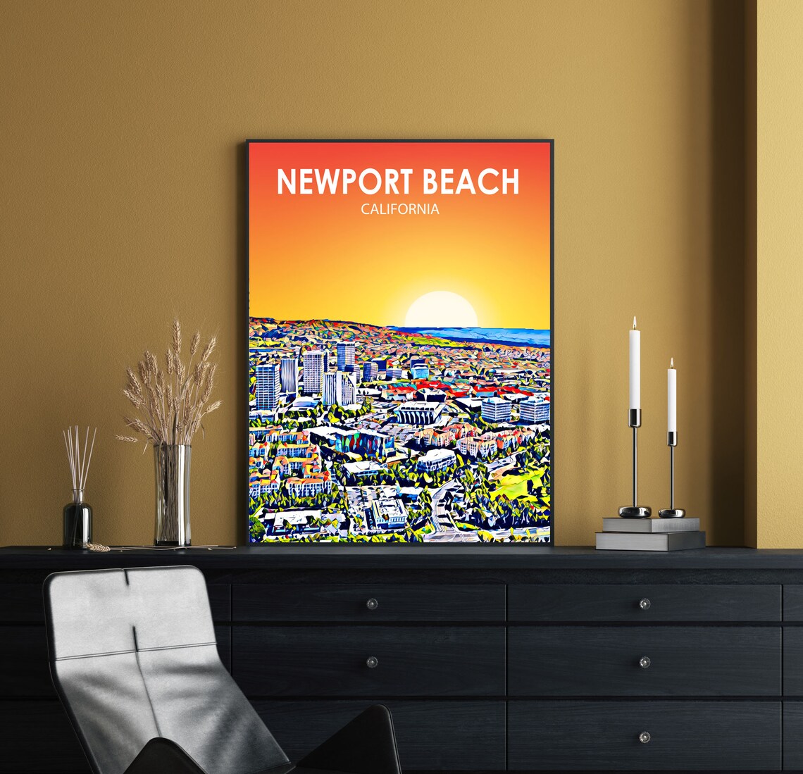 Newport Beach Ca Art Poster California Sunset Landscape Poster Print Newport Beach City Wall Art Colorful Skyline Sketch Photo - Image 2