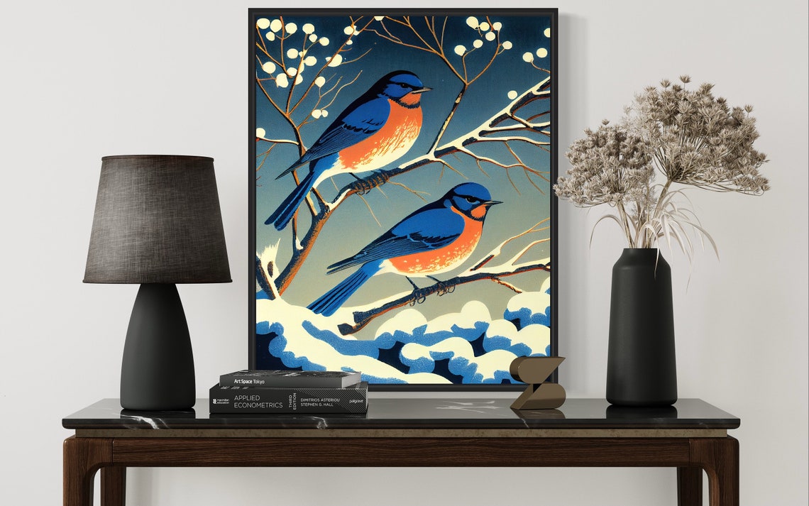 Bluebirds on Snowy Winter Branch Vintage Bird Illustration Poster - Image 3