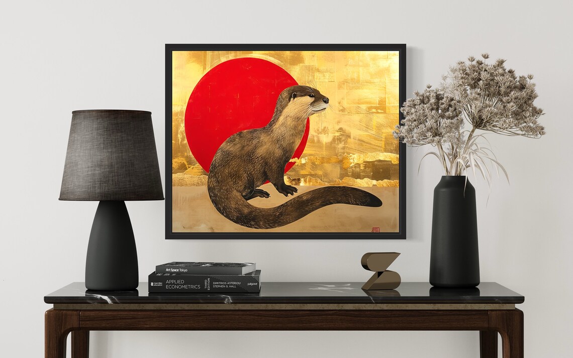 Otter Art Print Red And Gold Wall Art Decoration Artwork - Image 2